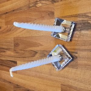 Orrefors Cut Crystal Low Profile Two Modern Matching Candlestick Votive Holders